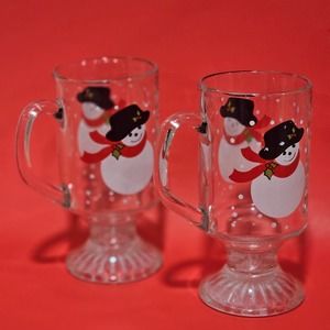 Set‎ of 2 Holiday Snowmen Clear Irish Coffee Footed Mugs 10 oz